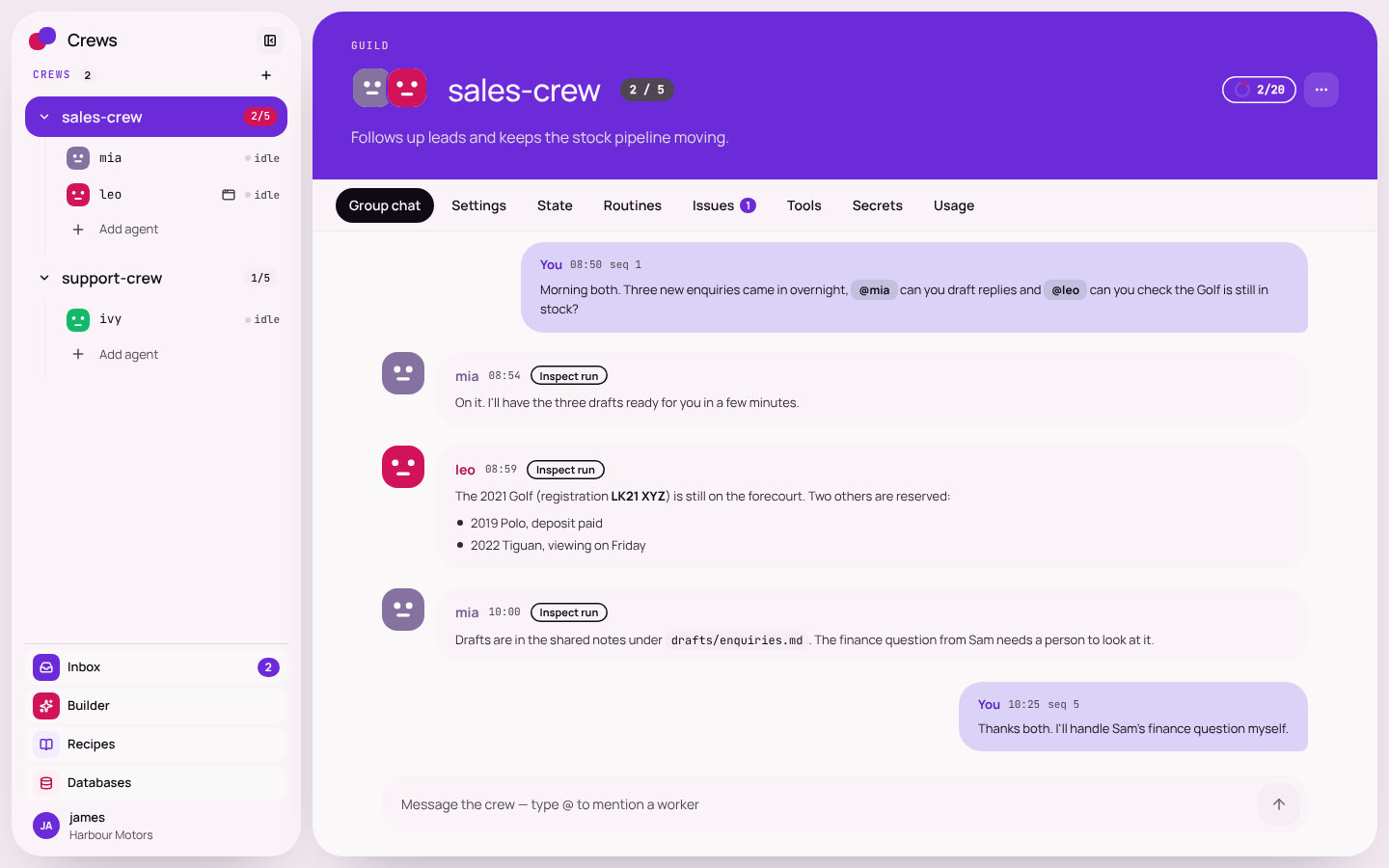 The Crews app: a sales crew chat where staff tag two workers, who reply with answers and hand a finance question back to a person.