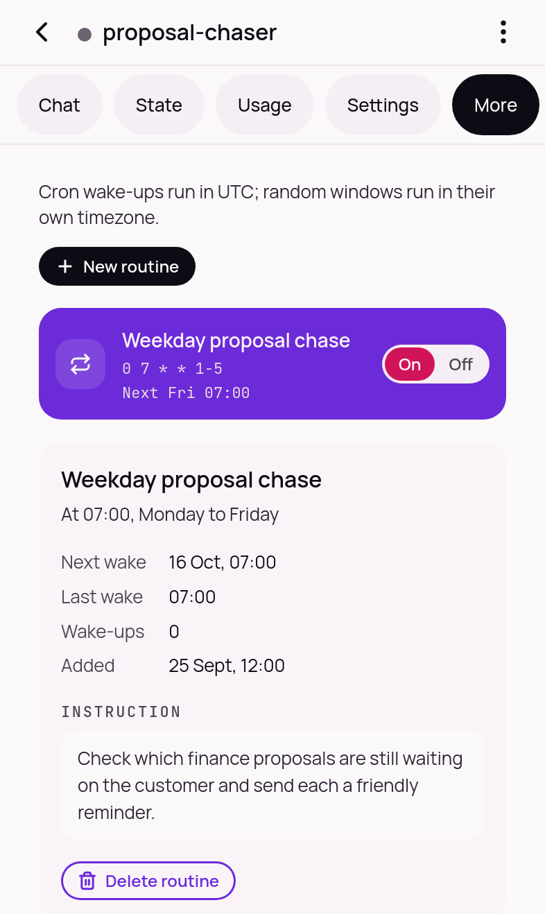 A routine on the Crews phone app, set to run each weekday at 07:00.